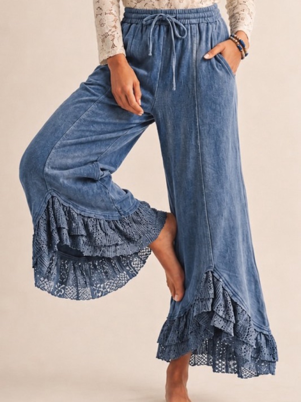 Denim blue French terry lace trim boho wide leg western flare bohemian pants